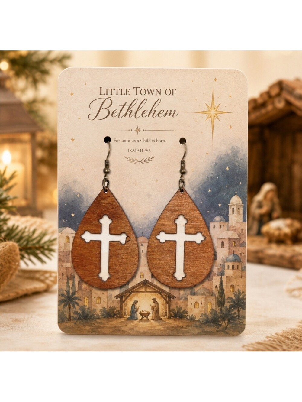 Christmas Little Town of Bethlehem Jesus Cross Wood Tear Drop Earrings